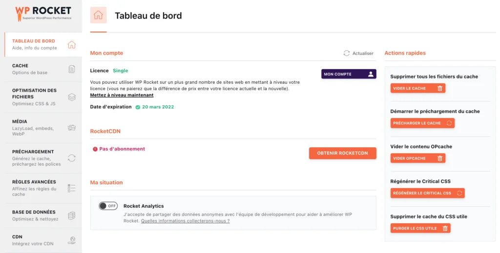 Configurer WP Rocket pour Divi - Le Tableau de Bord