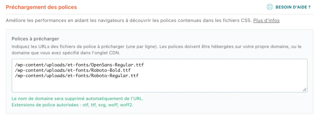 Configurer WP Rocket pour Divi - Préchargement des polices