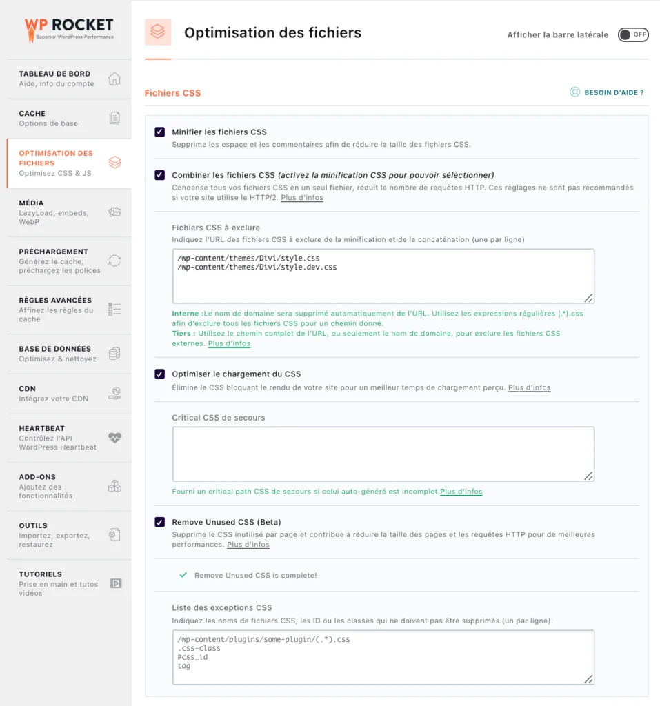 Configurer WP Rocket pour Divi - Optimisation des fichiers CSS
