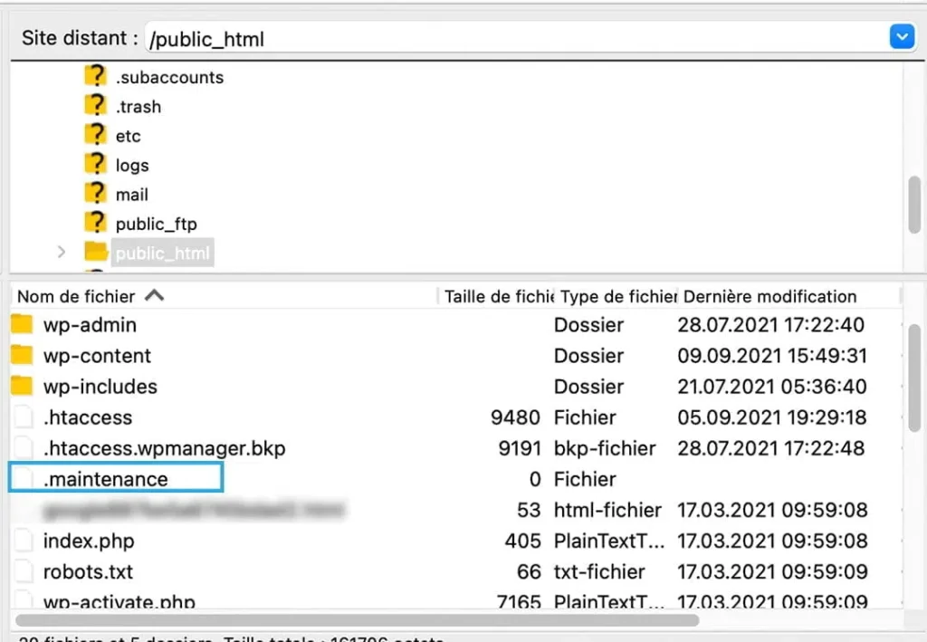 WordPress : Indisponibilité temporaire pour cause de maintenance. Veuillez revenir dans un instant - Fichier qui cause l'indisponibilité du site